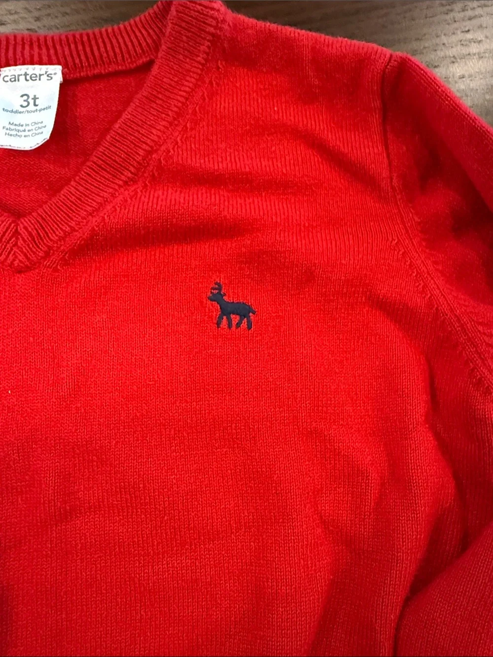 Carter's Bright Red V-Neck Sweater with Navy Embroidered Deer